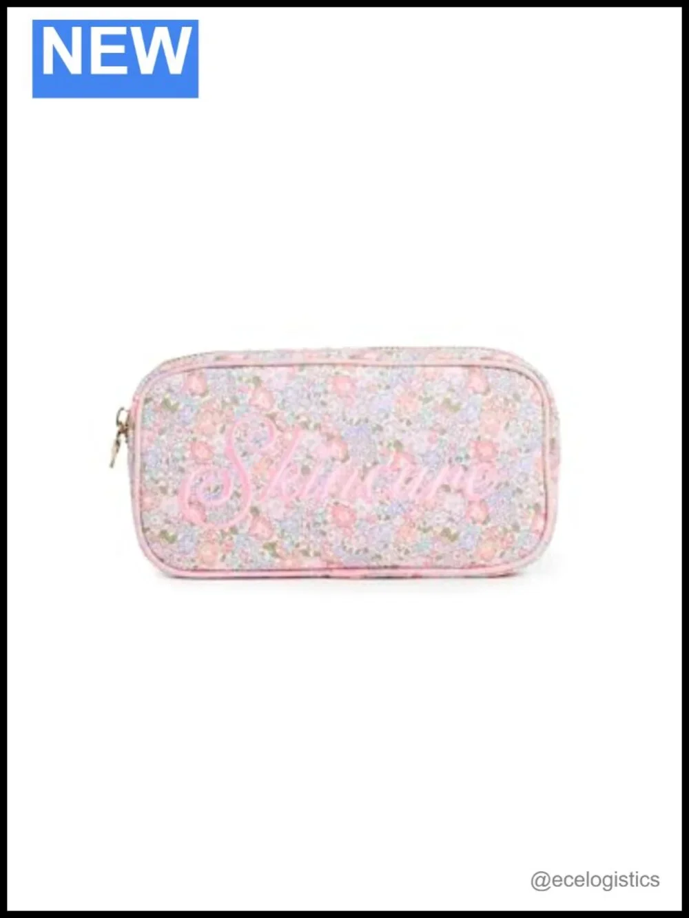 Floral Skincare Pouch with Gold-Tone Hardware and Embroidered Lettering